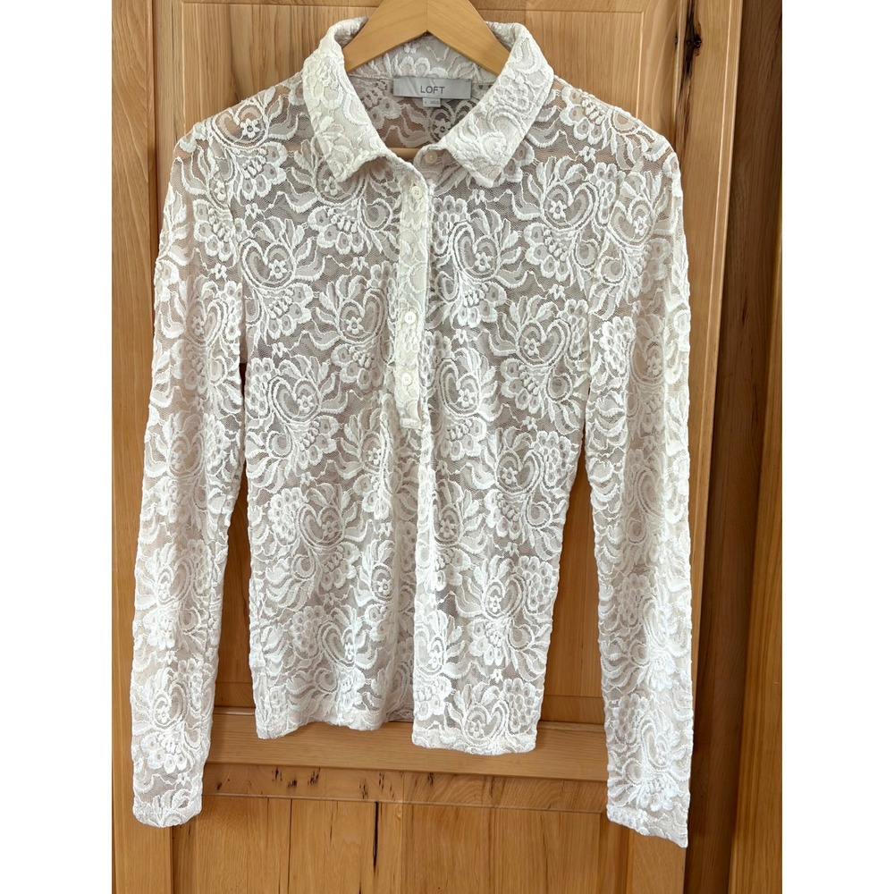 Loft Womens White Floral Lace Long Sleeve Polo Button Collar Blouse Size Large